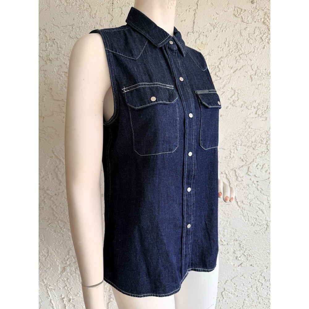 CALVIN KLEIN Jeans Womens Denim Top SMALL Dark Wash Blue Snap Front NWT $60